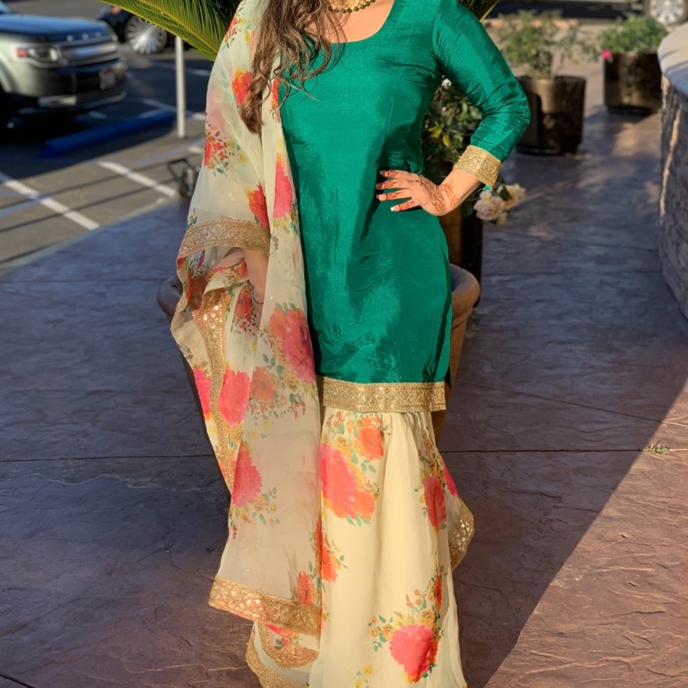 Green and Floral sharara Outfit with Gold Accents